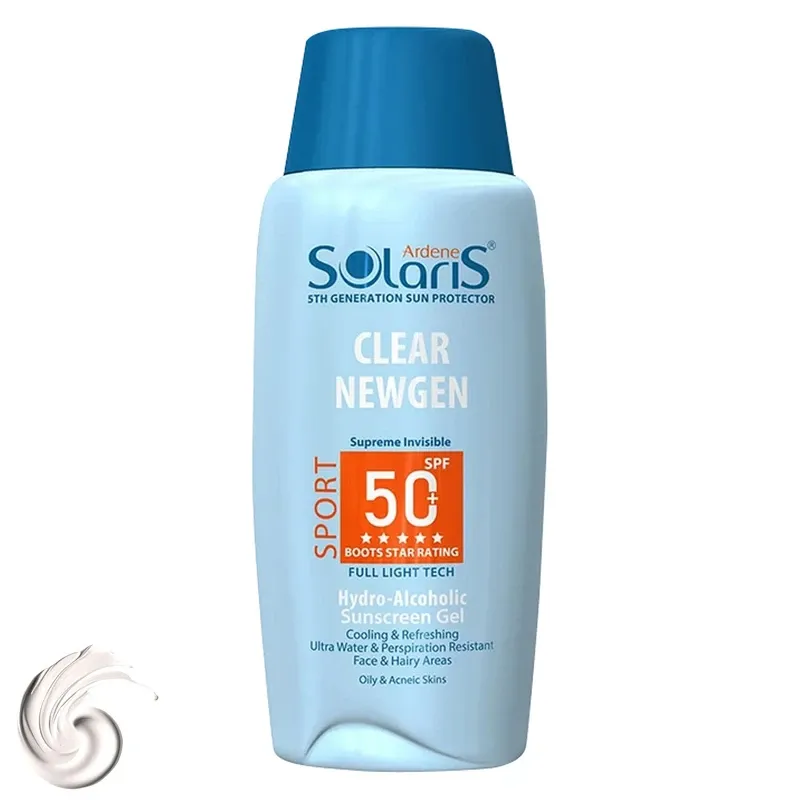 ژل ضد آفتاب بی‌ رنگ آردن سولاریس SPF۵۰ مدل Clear Newgen مناسب پوست چرب و جوش دار